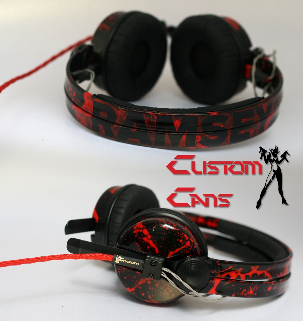 Some mode custom HD25-1 dj headphones with a red splatter pattern and black text